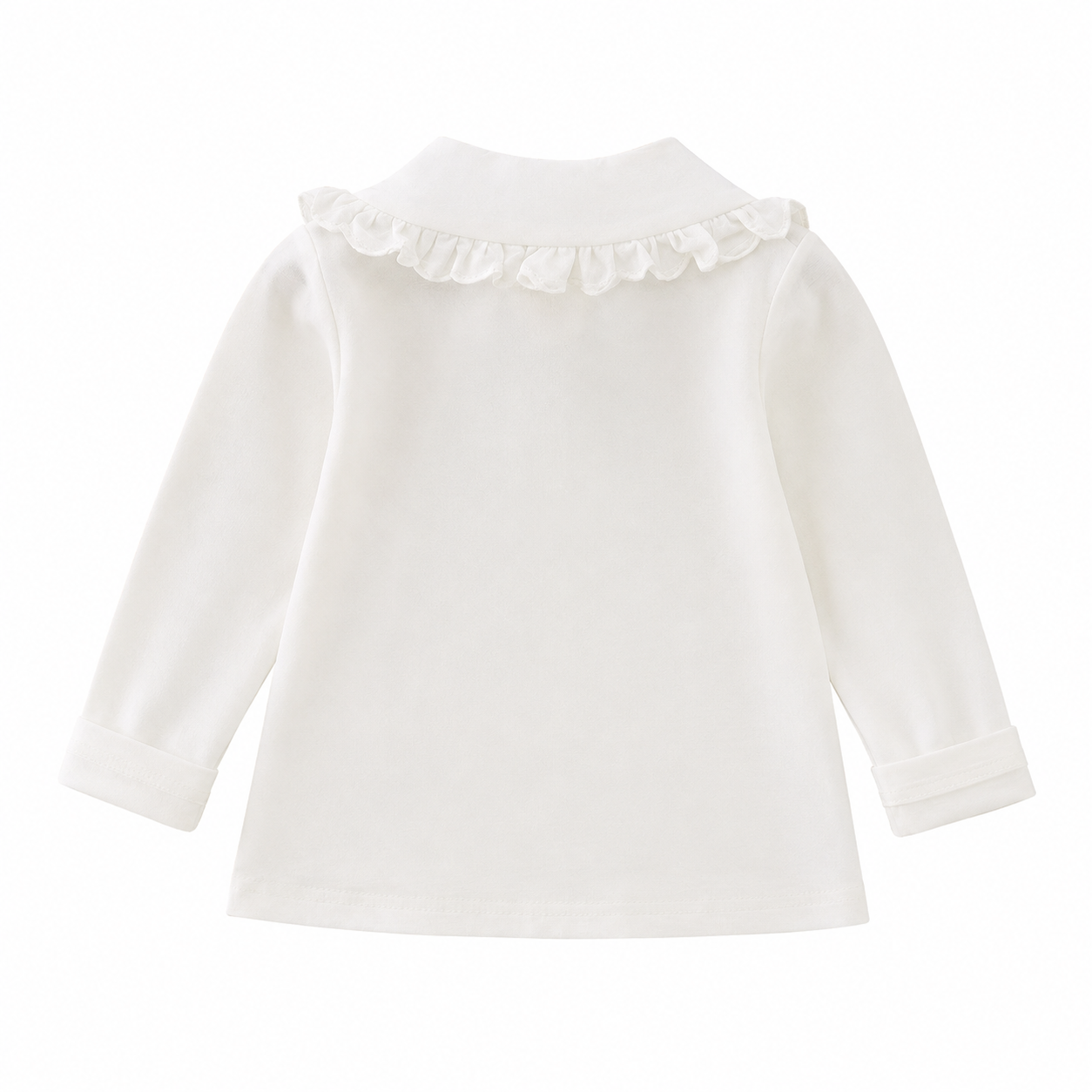 Back flat lay of a white girls long sleeve cotton top on a white background.