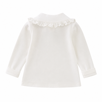 Back flat lay of a white girls long sleeve cotton top on a white background.