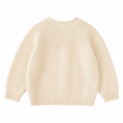 Back flat lay of a cream textured girls cotton cardigan.