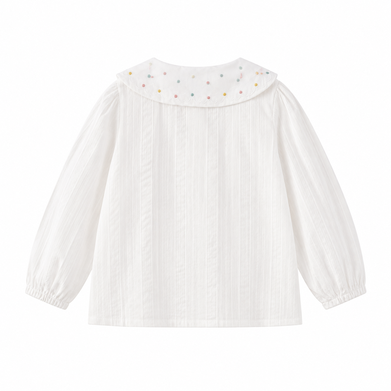 Back view of the white girls cotton blouse with long sleeves and decorated scalloped collar.