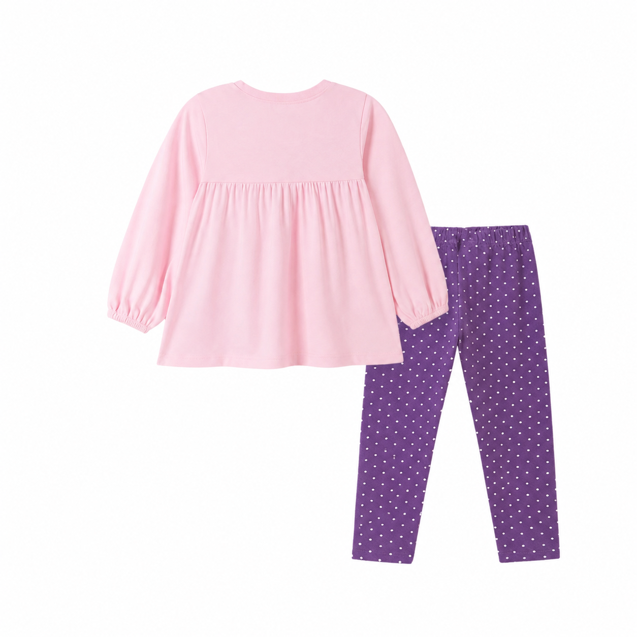 Back flat lay of the pink long-sleeve top and purple polka-dot pants girls set.