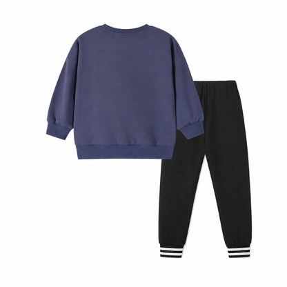 Back view of the kids cotton set with matching sweatshirt and jogger pants.