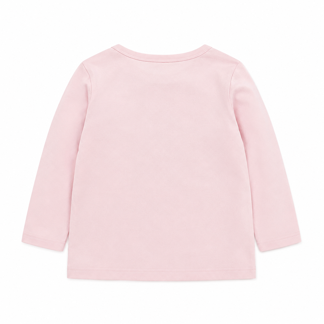 Back flat lay of a plain pink girls long sleeve cotton top.