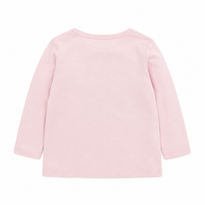 Back flat lay of a plain pink girls long sleeve cotton top.