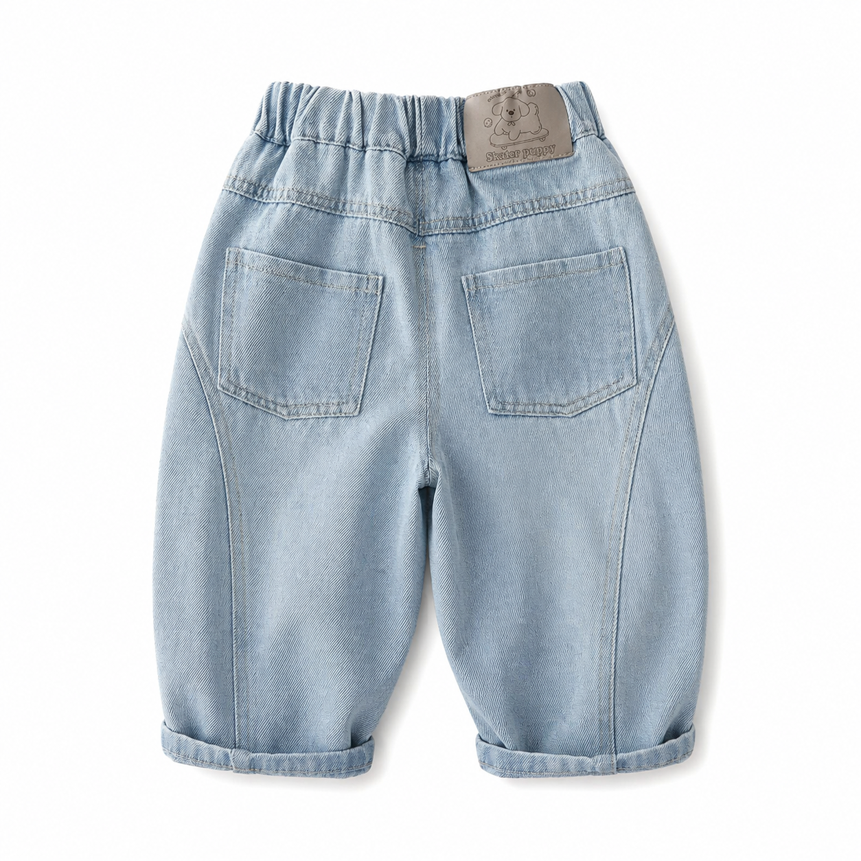 Back flat lay of light blue boys denim joggers with back pockets and elastic waist.