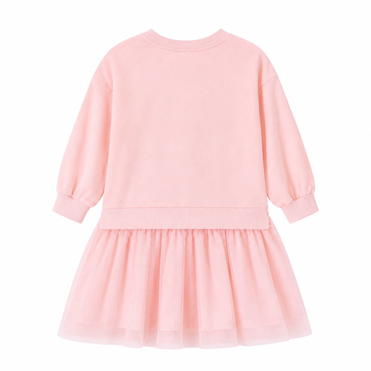 Back flat lay of a pink girls long sleeve dress with a gathered tulle skirt.