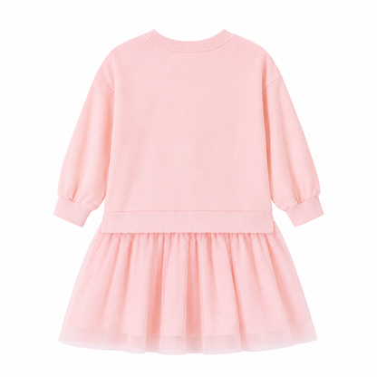 Back flat lay of a pink girls long sleeve dress with a gathered tulle skirt.