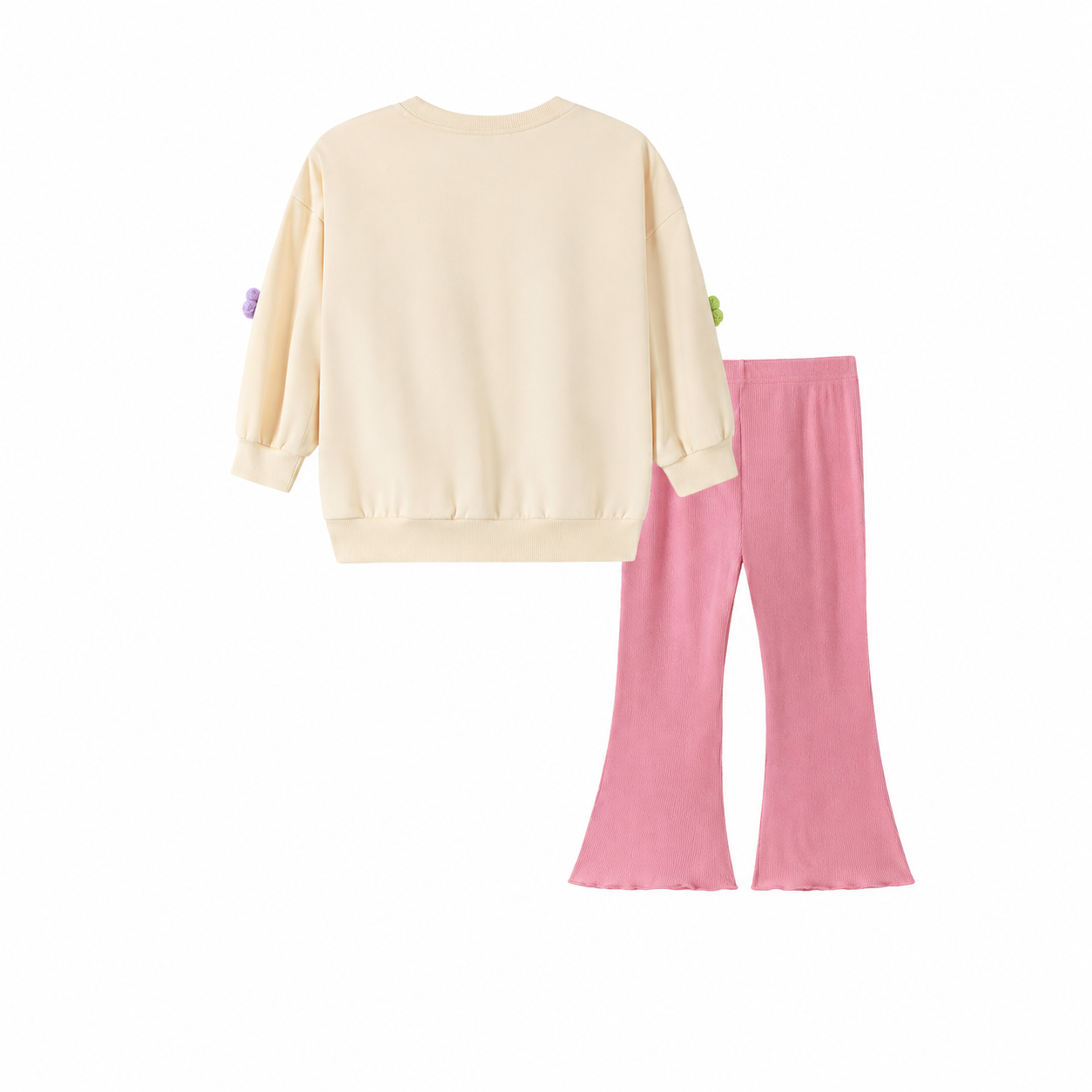 Back flat lay of a girls cotton matching set with a cream top and pink pants.