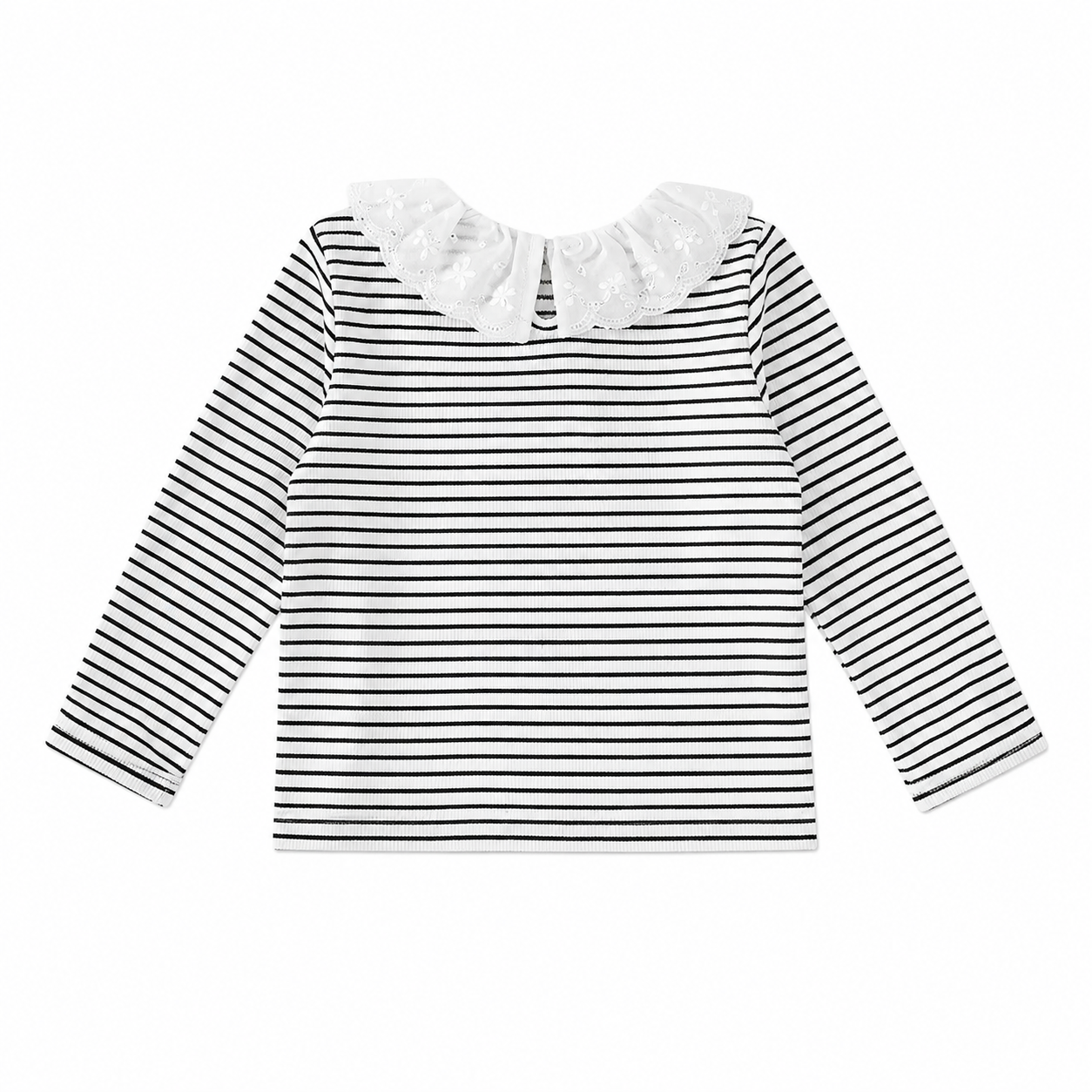 Back flat lay of a black and white striped girls long sleeve top with a white ruffle collar.