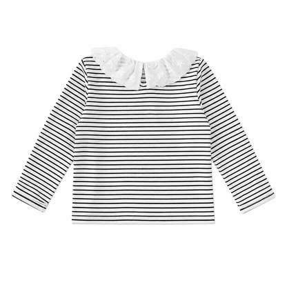 Back flat lay of a black and white striped girls long sleeve top with a white ruffle collar.
