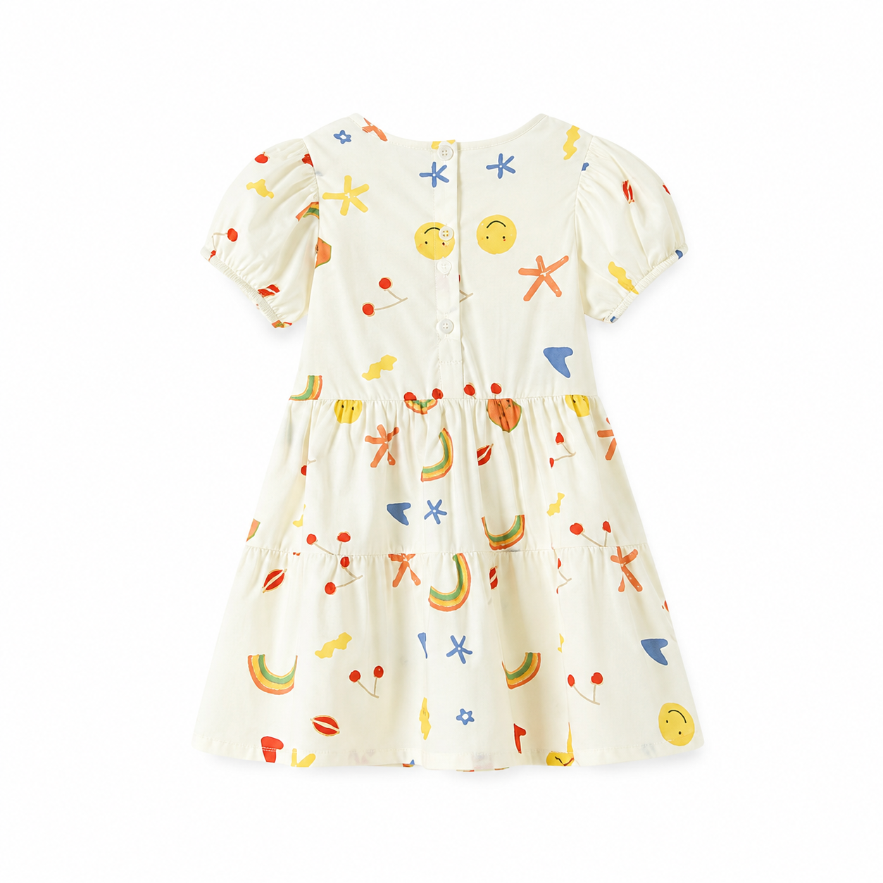 Back view of a girls cotton printed dress.