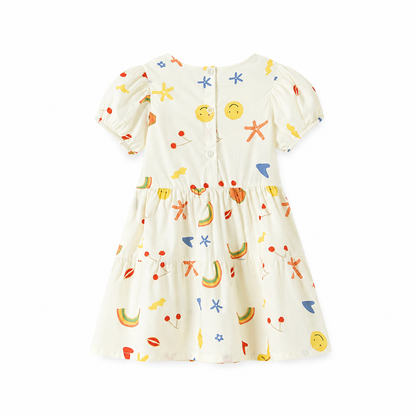 Back view of a girls cotton printed dress.