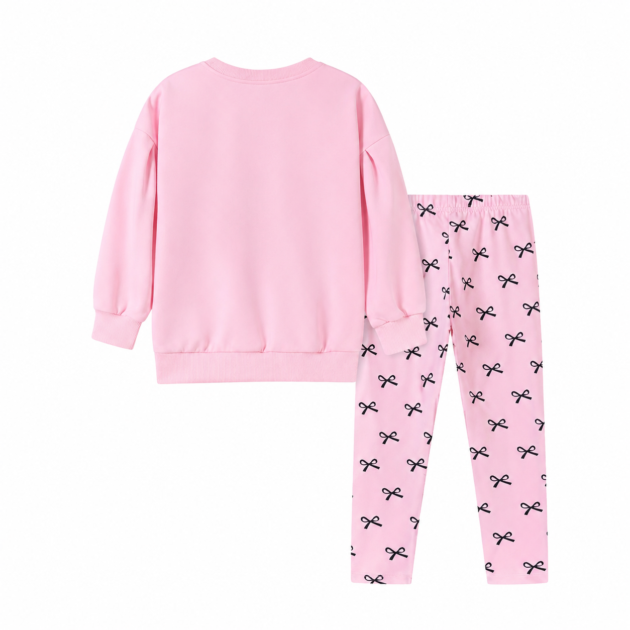 Back flat lay of a pink girls lounge set with matching bow-print pants.