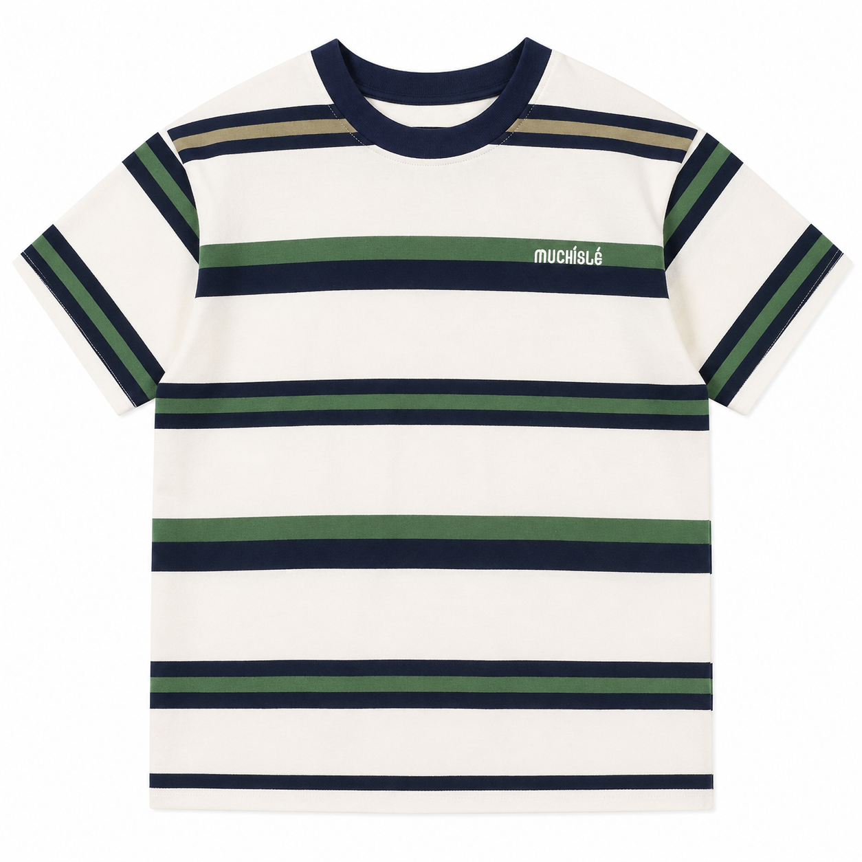 Front view of the white boys striped cotton-blend T-shirt with navy and green horizontal stripes.