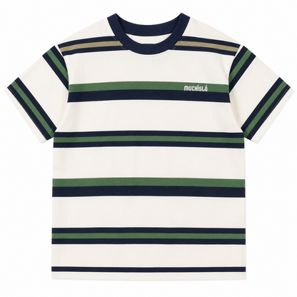 Front view of the white boys striped cotton-blend T-shirt with navy and green horizontal stripes.