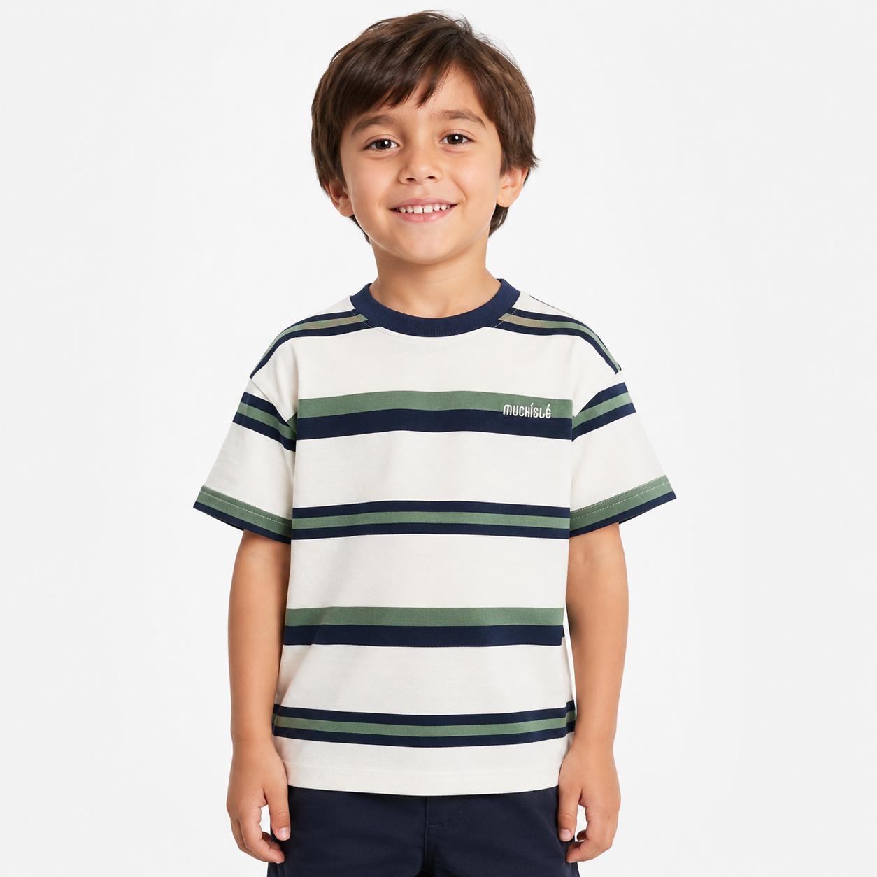 Boy wearing the white striped cotton-blend T-shirt with navy and green accents.