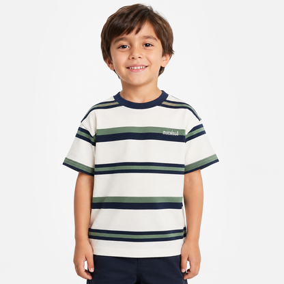 Boy wearing the white striped cotton-blend T-shirt with navy and green accents.
