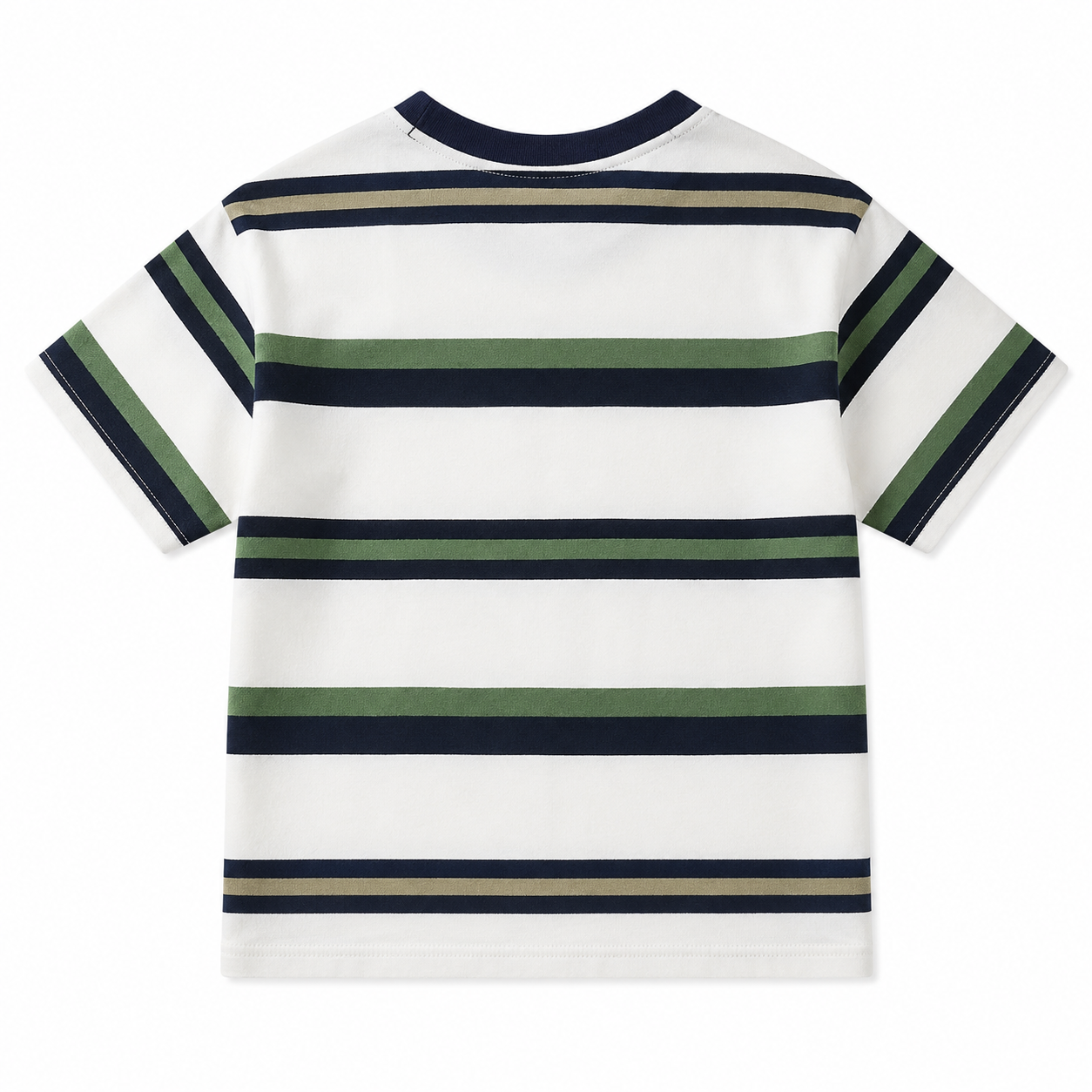 Back view of the white boys short-sleeve T-shirt with navy and green horizontal stripes.