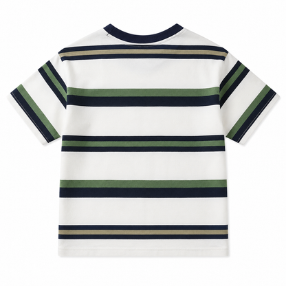 Back view of the white boys short-sleeve T-shirt with navy and green horizontal stripes.