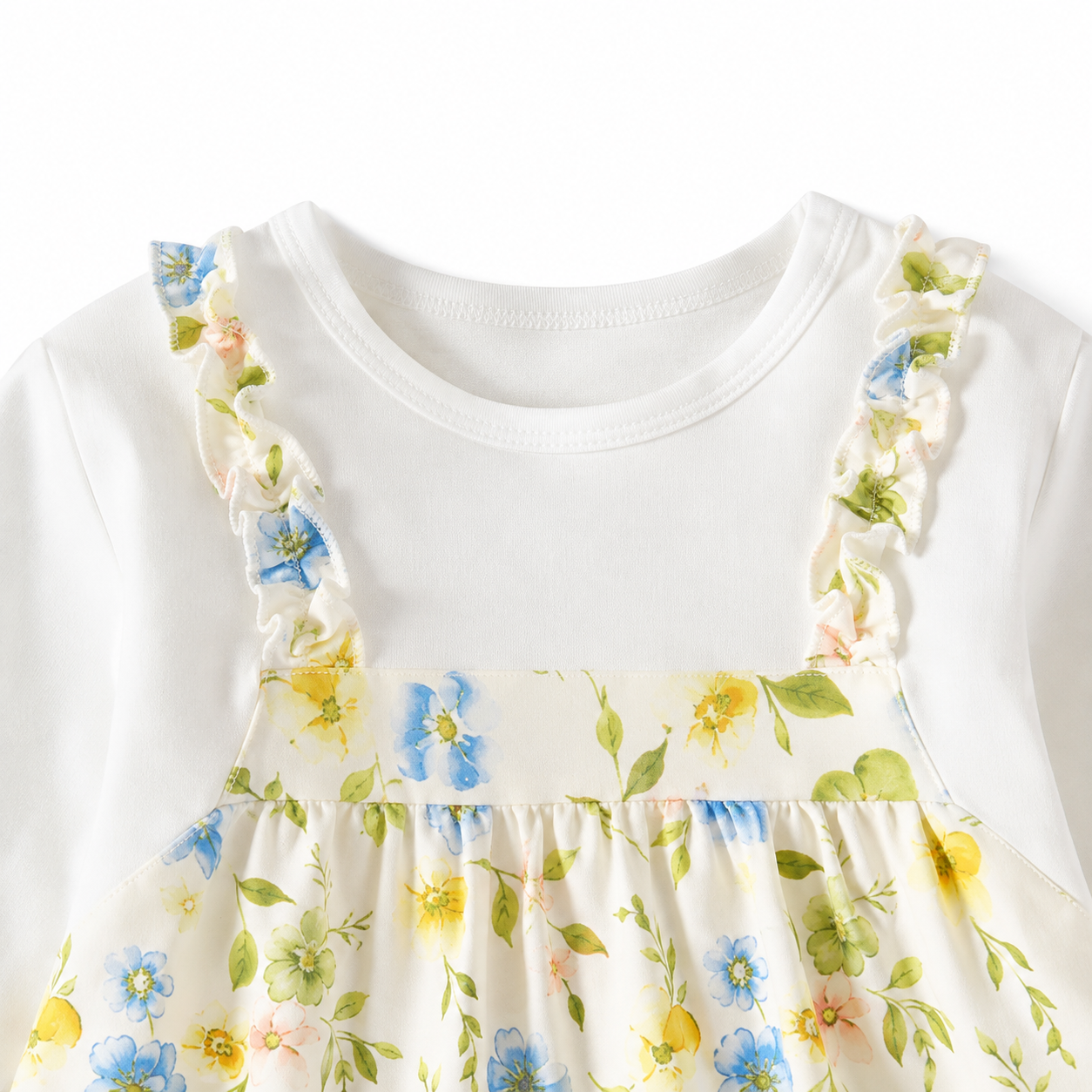 Close-up of the neckline and floral top detail on a girls cotton set.