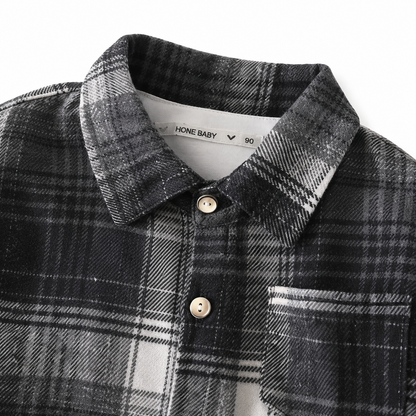 Black Gray kids plaid shirt collar detail view