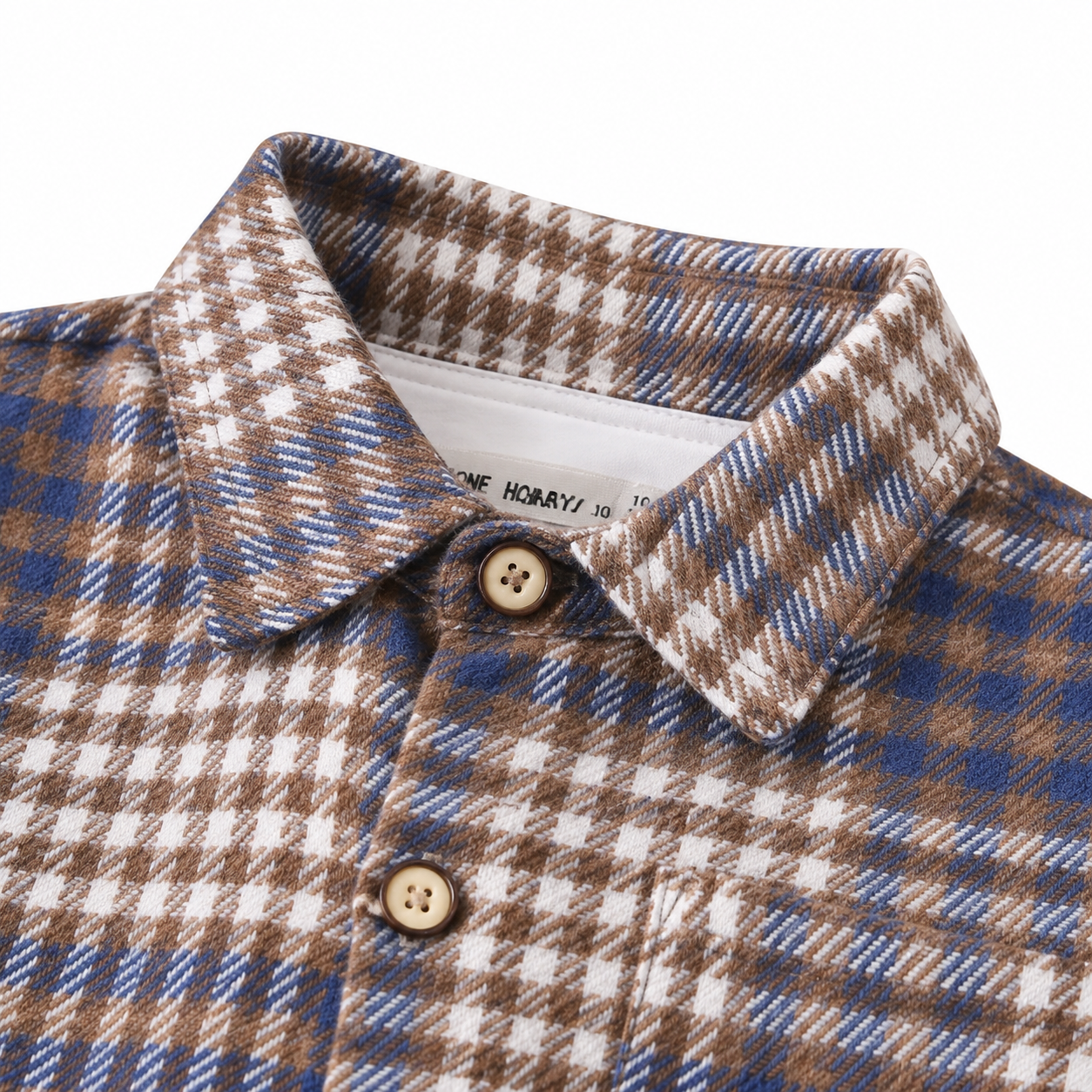 Blue Brown kids plaid shirt collar detail view