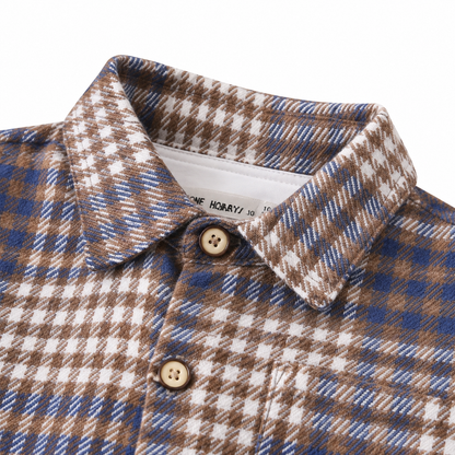 Blue Brown kids plaid shirt collar detail view