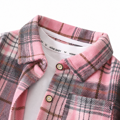 Pink kids plaid shirt collar detail view