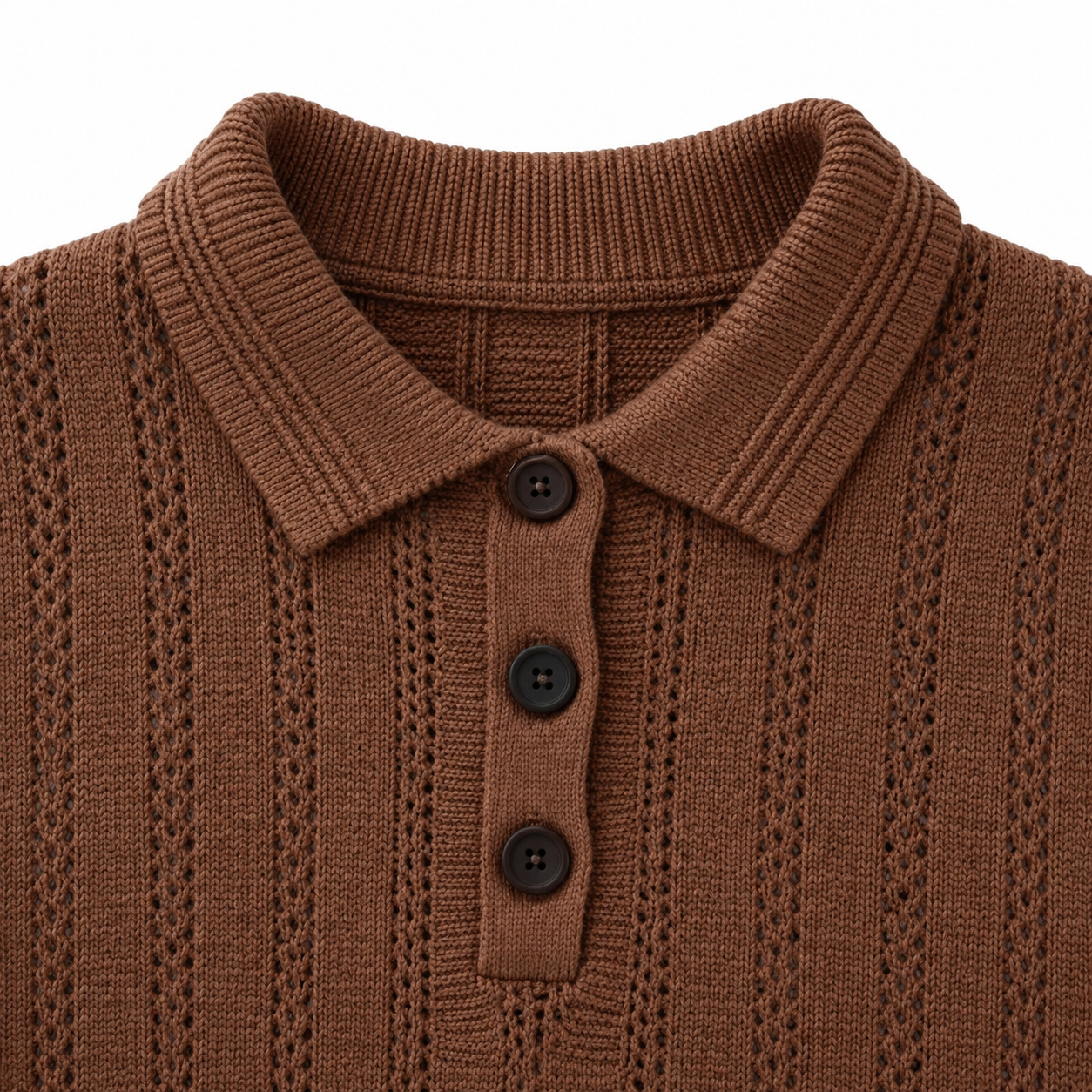 Close-up of the brown polo collar, three-button placket and vertical knit detailing.