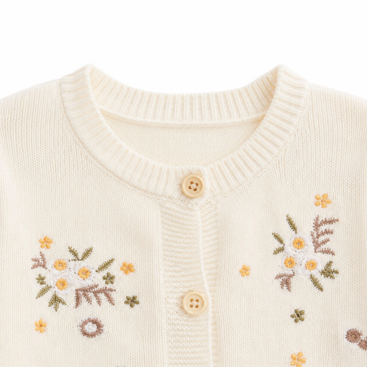 Close-up of the round neckline, button placket and floral embroidery on the cream girls cardigan.