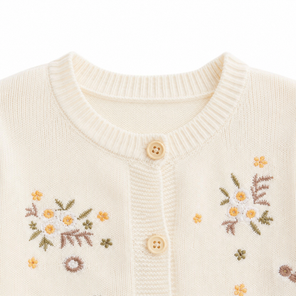 Close-up of the round neckline, button placket and floral embroidery on the cream girls cardigan.