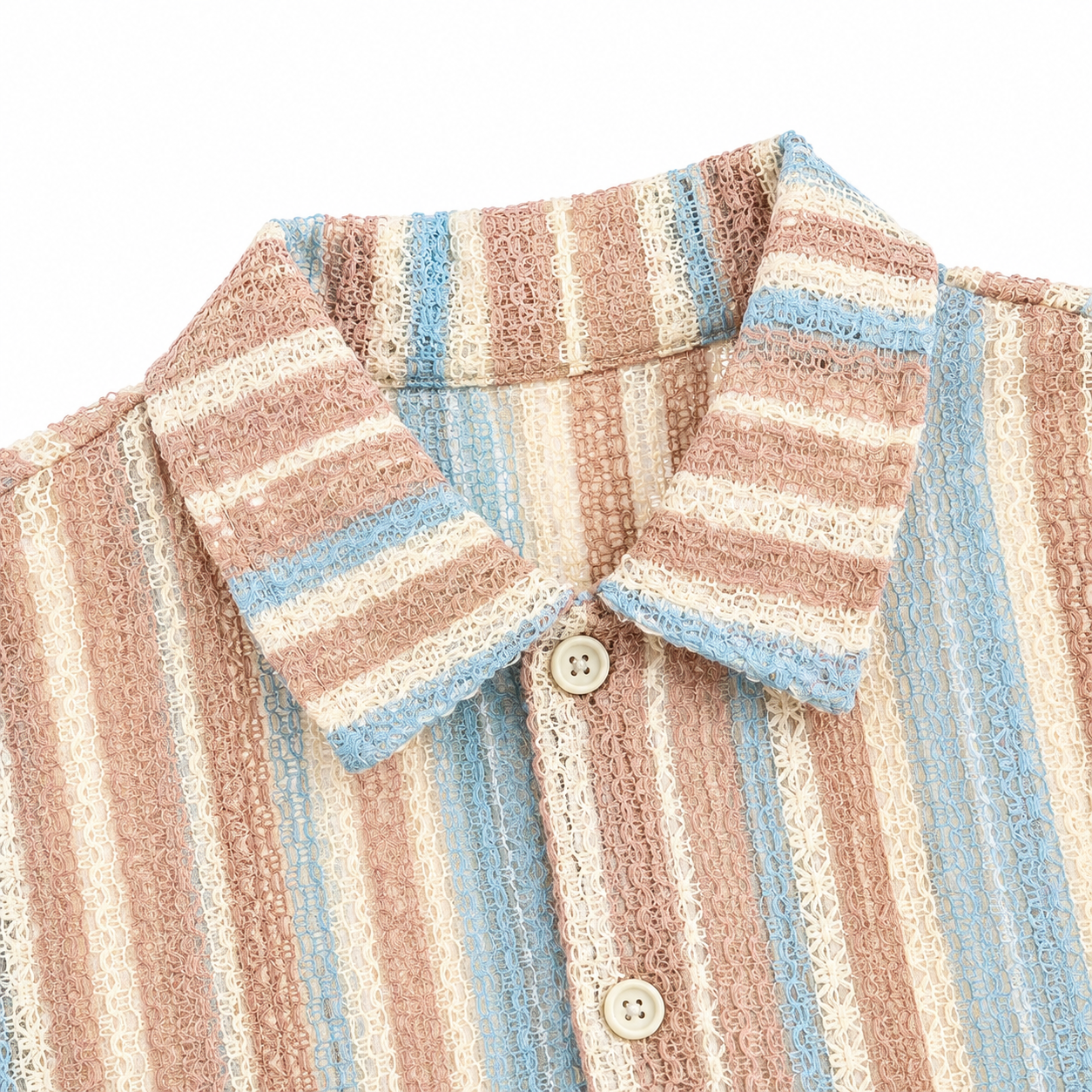 Collar and neckline detail of boys pastel stripe short sleeve shirt.
