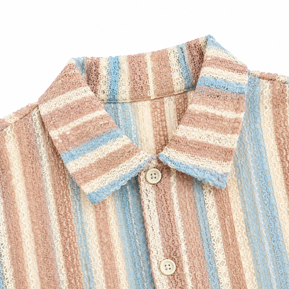 Collar and neckline detail of boys pastel stripe short sleeve shirt.