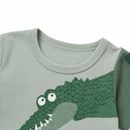 Close-up of neckline detail on boys cotton top.