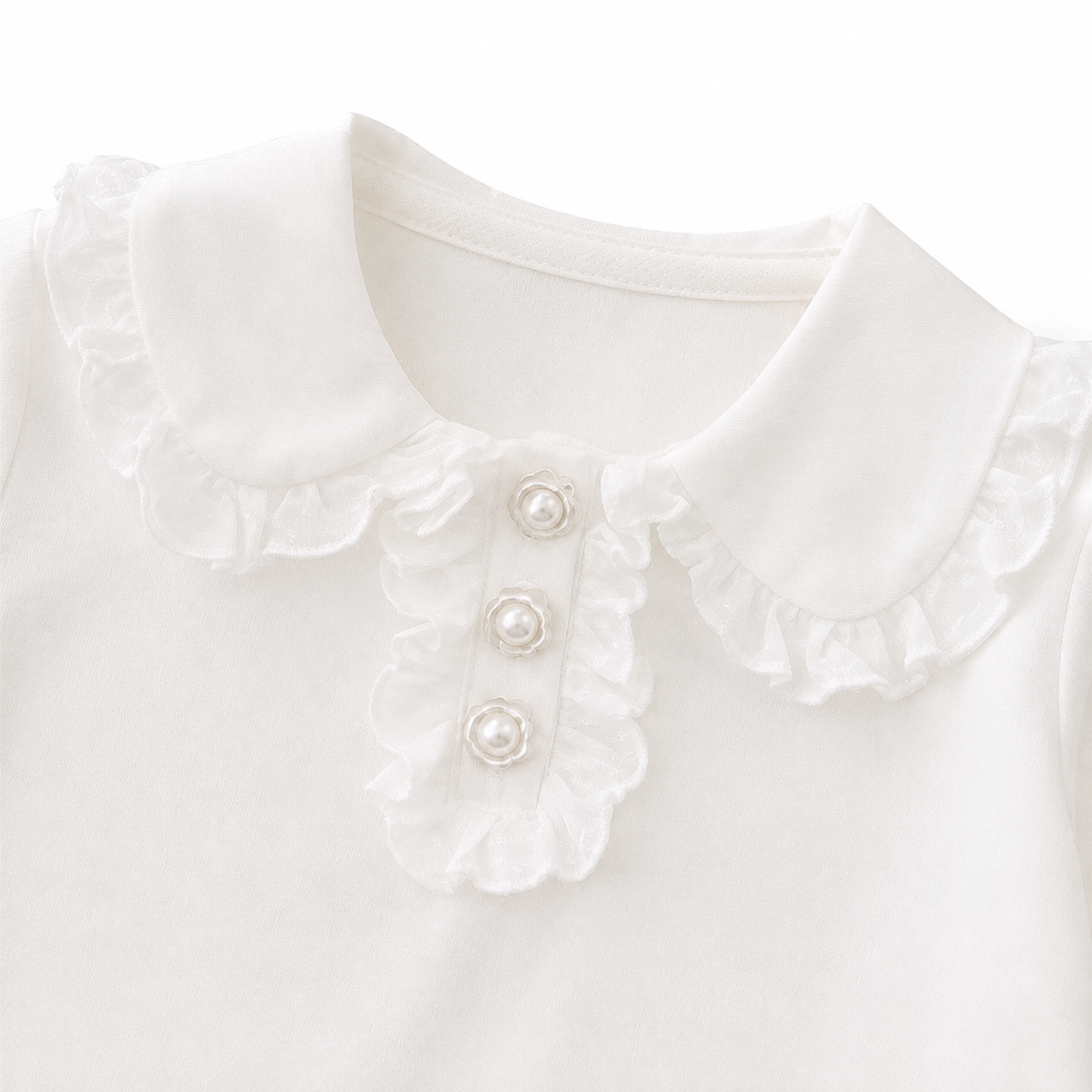 Close-up of the ruffle collar detail on a white girls cotton top.