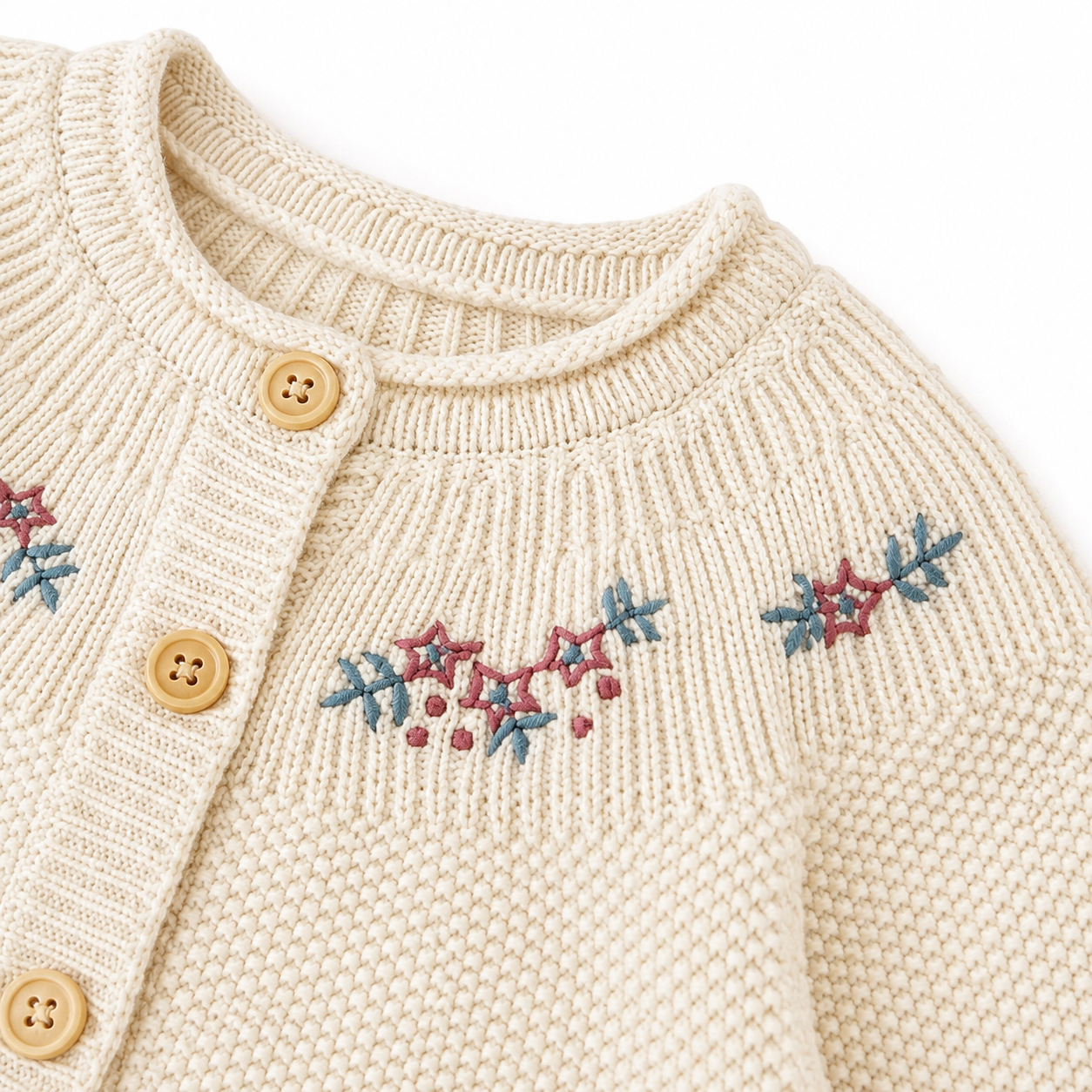 Close-up of the round neckline and button placket on a cream embroidered knit cardigan.