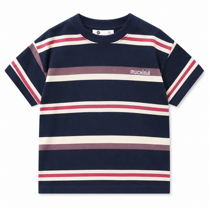 Front view of the navy boys striped cotton-blend T-shirt with cream, pink and mauve stripes.