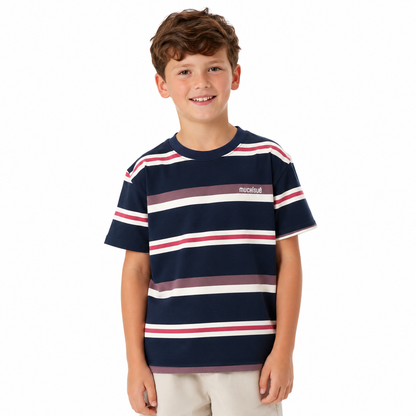 Boy wearing the navy striped cotton-blend T-shirt with cream, pink and mauve accents.