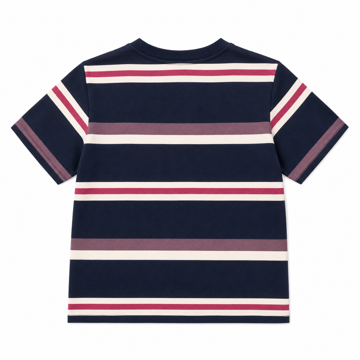 Back view of the navy boys short-sleeve T-shirt with cream, pink and mauve horizontal stripes.