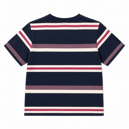 Back view of the navy boys short-sleeve T-shirt with cream, pink and mauve horizontal stripes.