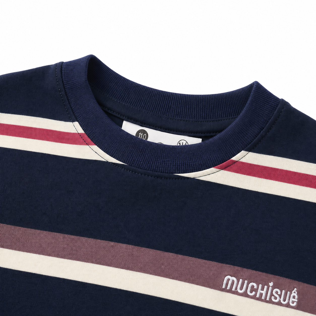 Close-up of the navy ribbed crew neckline and upper stripe stitching on the boys T-shirt.