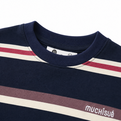 Close-up of the navy ribbed crew neckline and upper stripe stitching on the boys T-shirt.