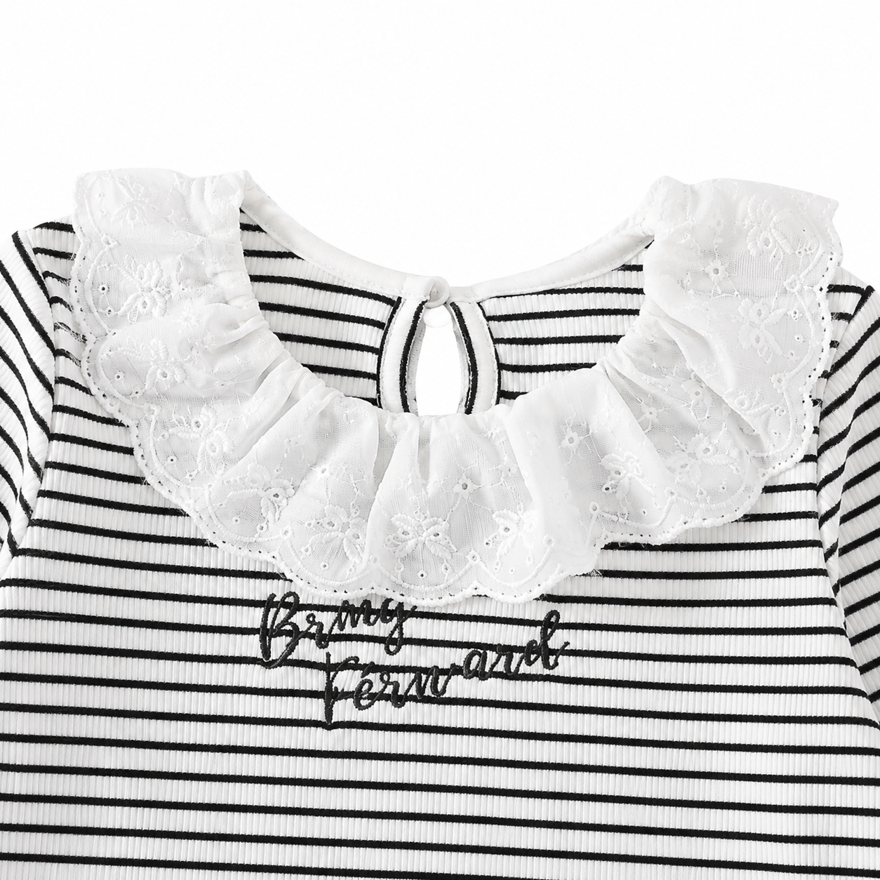 Close-up of the wide white ruffle collar on a black and white striped girls top.