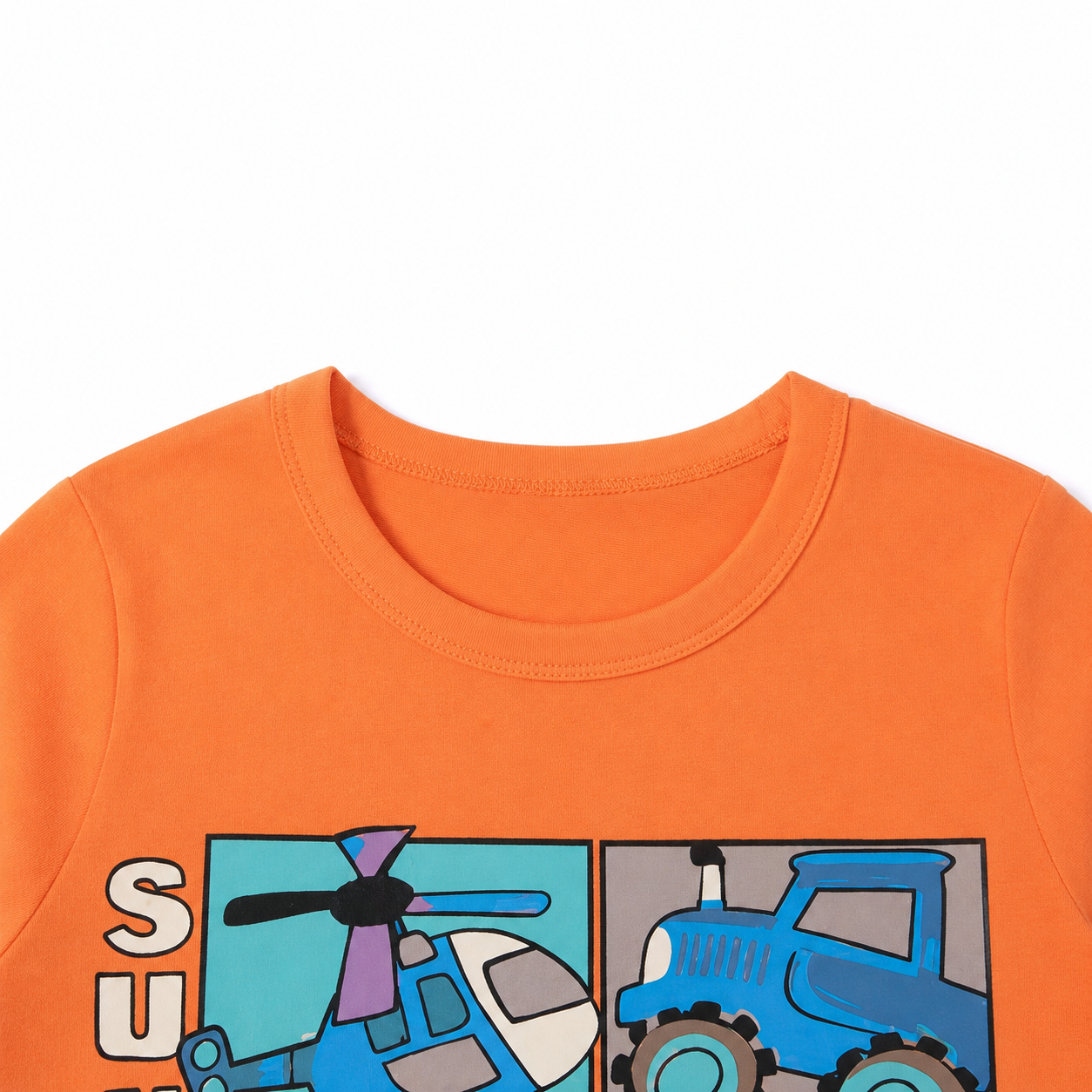 Close-up of the crew neckline detail on the boys cotton long sleeve tee.