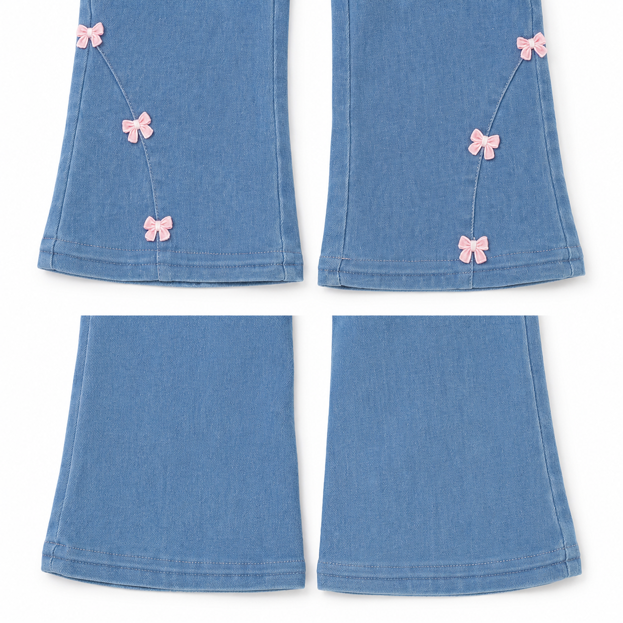 Light blue girls wide leg jeans hem detail with front and back view
