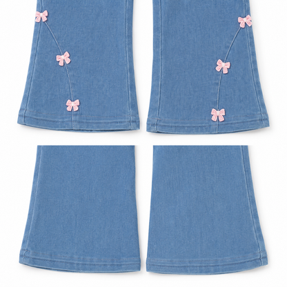 Light blue girls wide leg jeans hem detail with front and back view
