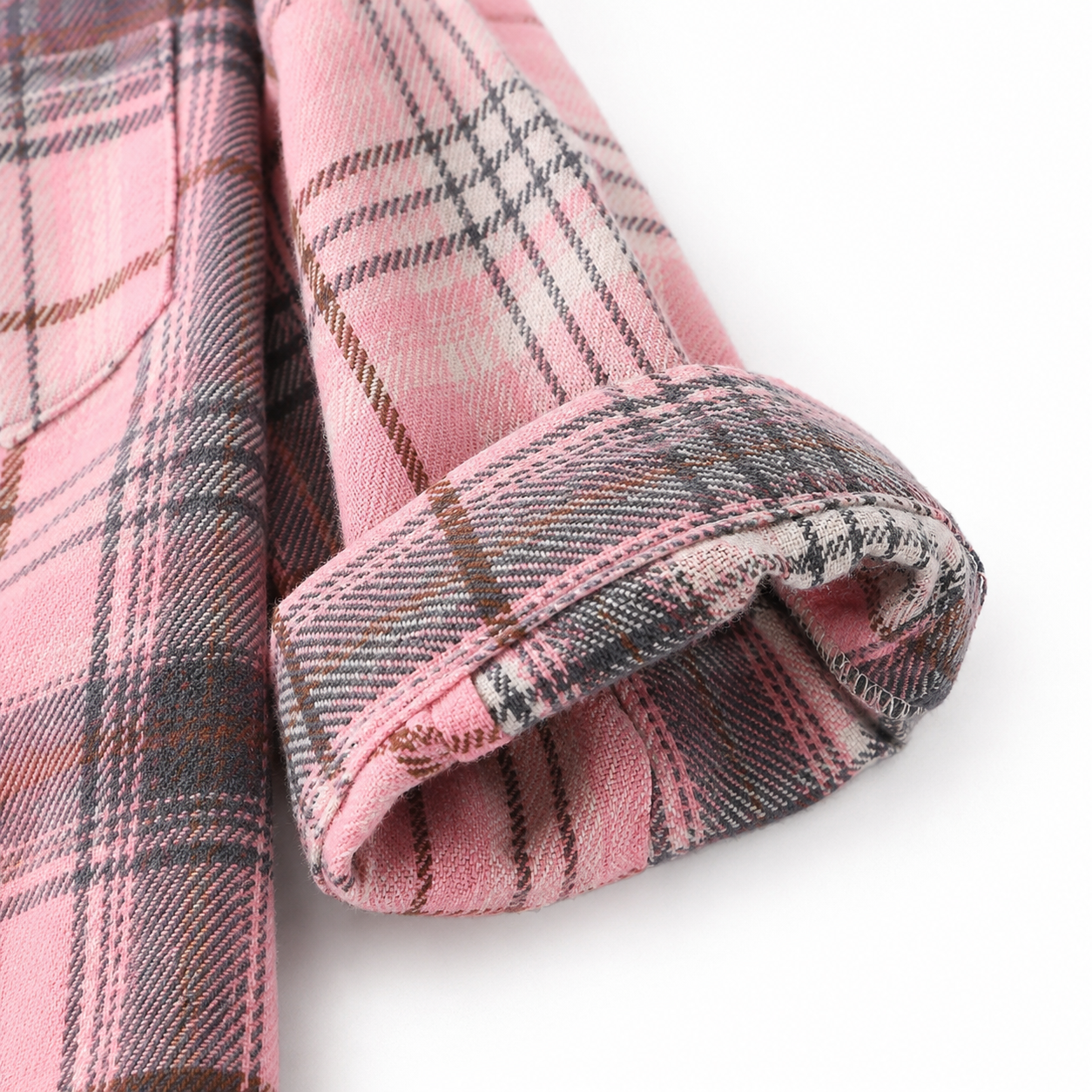Pink kids plaid shirt cuff detail view