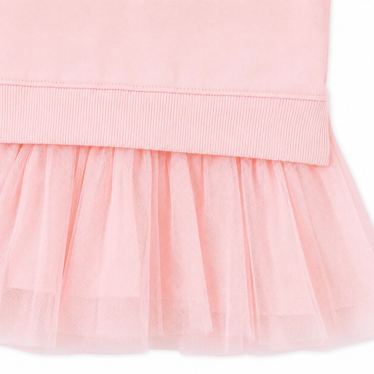 Close-up of the waist seam and gathered tulle skirt detail on a pink girls dress.