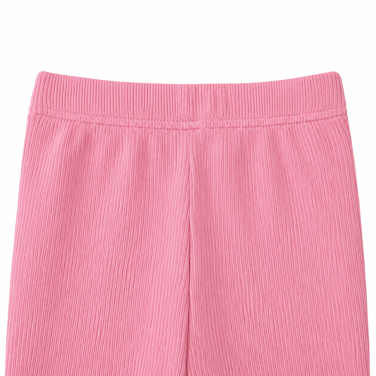 Close-up of the elastic waist detail on the pink pants.