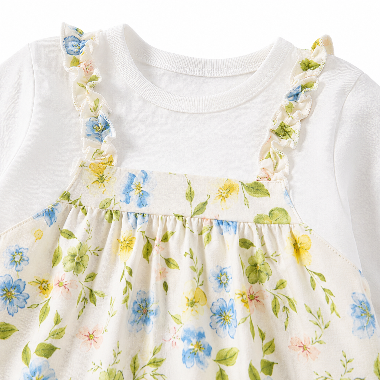 Close-up of the floral gathered overlay detail on the girls top.